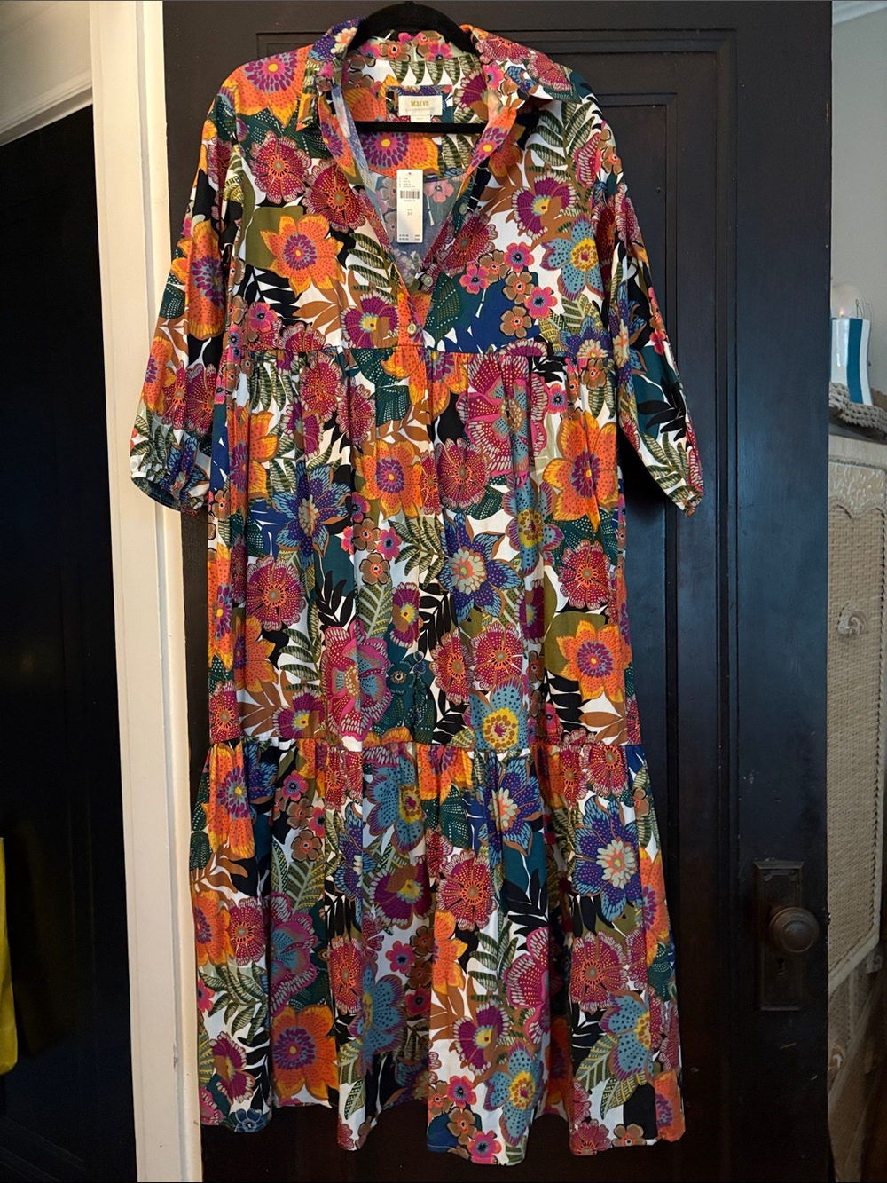 Maeve Multicolor Floral Tiered Maxi Dress in Pink, Orange, Teal, Black